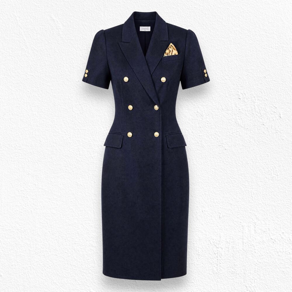 Vintage 1980s Kasper Navy Blue Gold Button Military Blazer Wrap Dress 10 Petite